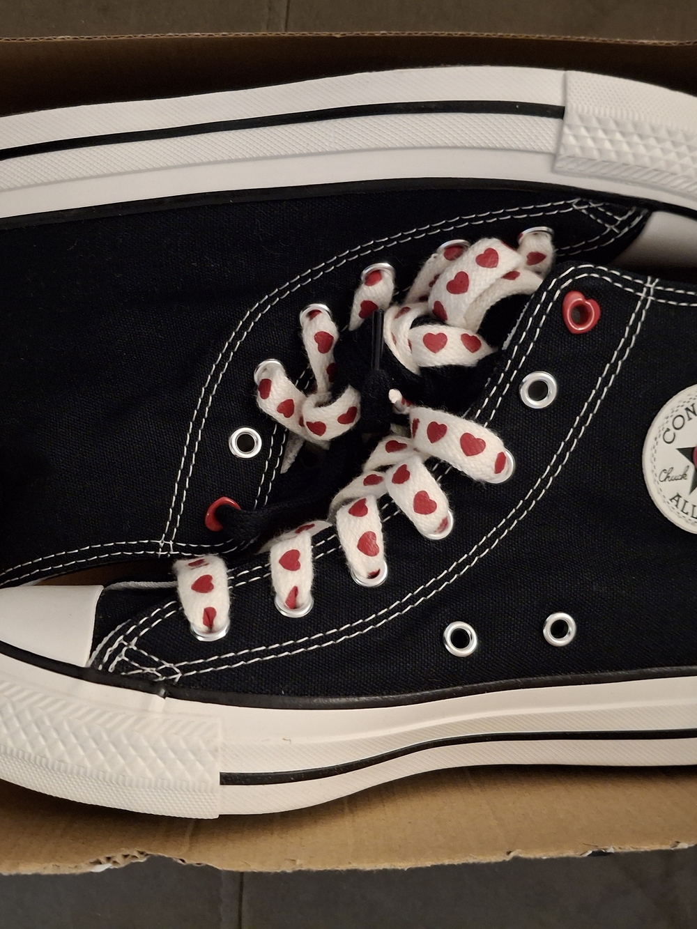 Converse Black High Top Sneakers with White & Red Heart Laces Size 4